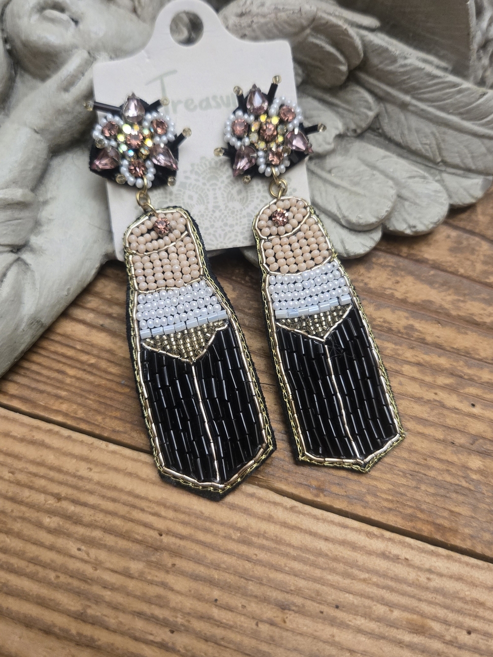 Beaded Statement Drop Earrings in Black, Blush & White